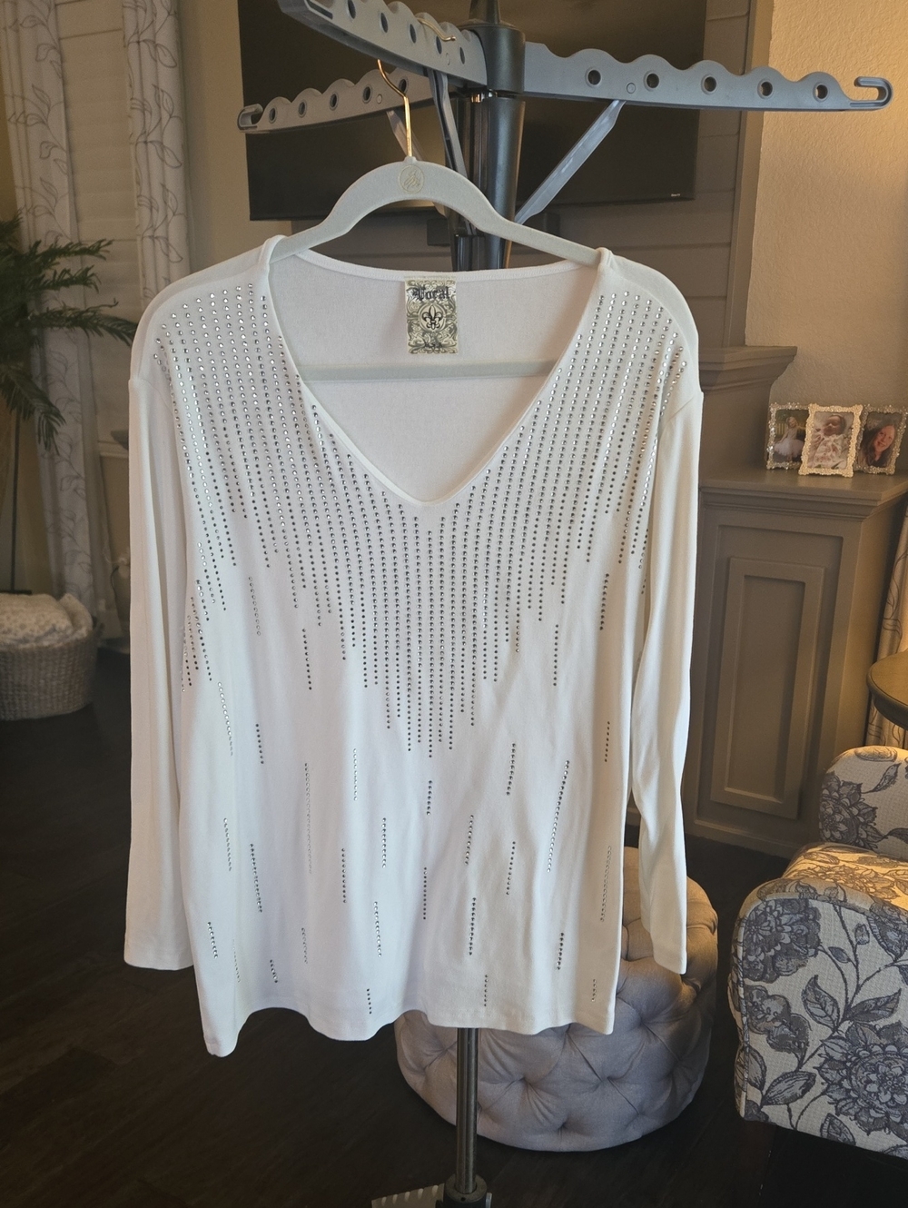 Vocal White V-Neck Long Sleeve Top with Rhinestone Accents